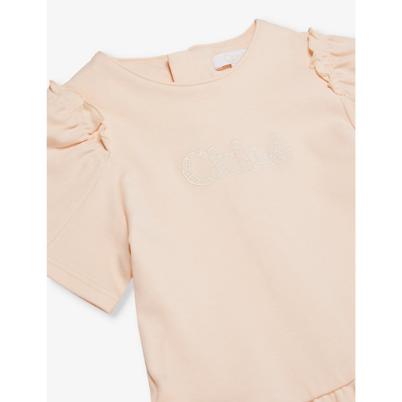 Shop Chloé Logo-embroidered Frill-sleeve Cotton Dress 6 Months-3 Years In Pale Pink