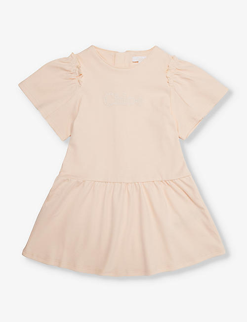 CHLOE: Logo-embroidered frill-sleeve cotton dress 6 months-3 years