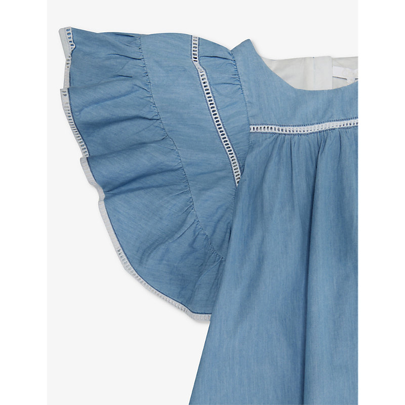 Shop Chloé Chloe Girls Denim Blue Kids Frilled Broderie-trim Denim Dress 6-12 Years