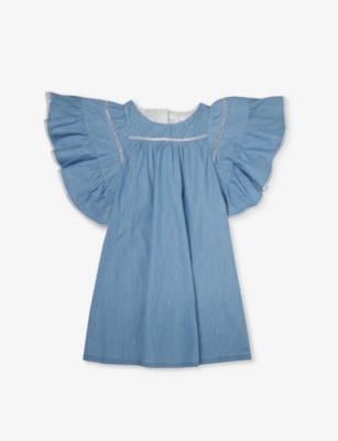 Chloé Chloe Girls Denim Blue Kids Frilled Broderie-trim Denim Dress 6-12 Years