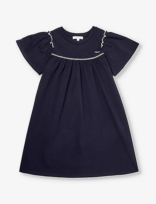 CHLOE: Logo-embroidered fluted-sleeve cotton-jersey dress 4-14 years