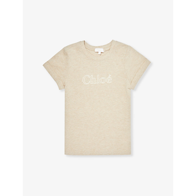 Chloé Chloe Girls Beige Marl Kids Logo-embroidered Short-sleeve Cotton-jersey T-shirt 6-14 Years In Gray