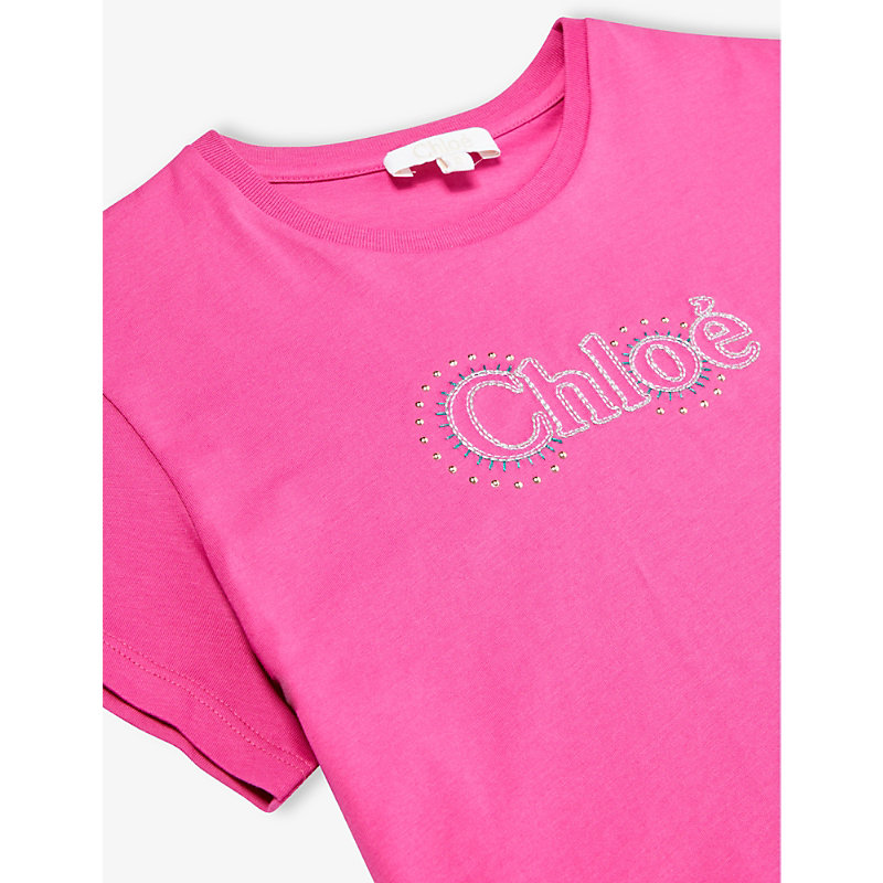 Shop Chloé Logo-embroidered Short-sleeve Cotton-jersey T-shirt 8-14 Years In Pink