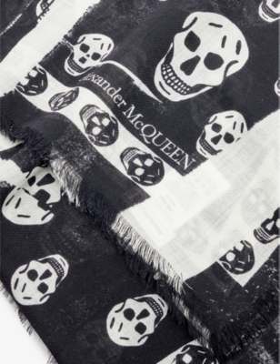 Shop Alexander Mcqueen Womens Black/ivory Slashed Skull-print Silk Scarf