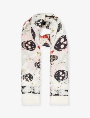 Alexander Mcqueen Classic Flora Skull-print Wool Scarf In Ivory/red