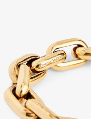 Shop Alexander Mcqueen Women's Light Ant.gold Logo-engraved Brass Bracelet