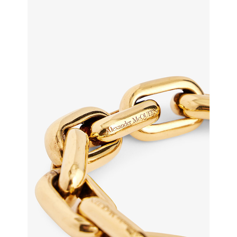 Shop Alexander Mcqueen Women's Light Ant.gold Logo-engraved Brass Bracelet