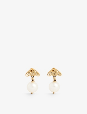 Alexander Mcqueen Logo-engraved Brass And Faux-pearl Earrings In L.a.gold+pearl