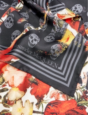Shop Alexander Mcqueen Women's Black Dutch Flora Skull-print Silk Scarf