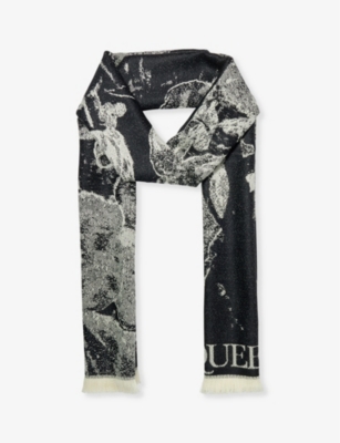 ALEXANDER MCQUEEN: Floral-pattern fringed-trim wool knitted scarf