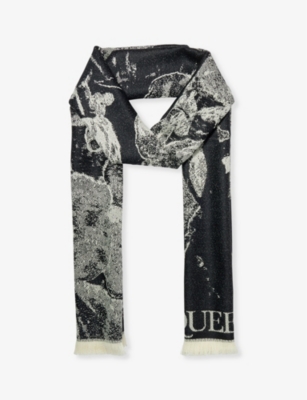 ALEXANDER MCQUEEN Floral pattern fringed trim wool knitted scarf