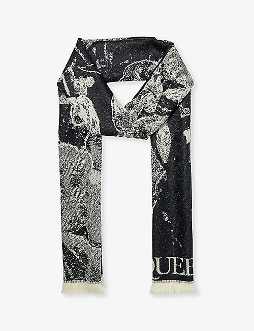 ALEXANDER MCQUEEN: Floral-pattern fringed-trim wool knitted scarf