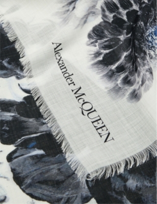 Shop Alexander Mcqueen Womens Ivory/light Grey Floral-pattern Cashmere Scarf