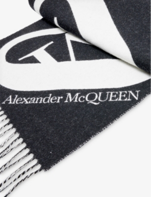 Shop Alexander Mcqueen Womens Black/ivory Logo-embellished Fringed Wool Scarf