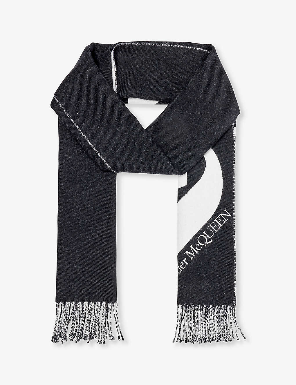 Alexander Mcqueen Logo-embellished Fringed Wool Scarf In Black/ivory