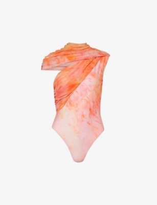 Johannes Warnke Abstract-pattern Slim-fit Woven Bodysuit In Peach/ Ballet Pink