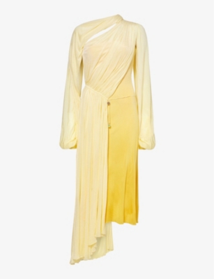 Johannes Warnke Tulip Draped Woven Midi Dress In Lemon/ Sunflower