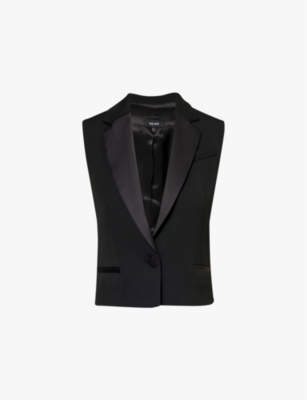 Shop Me And Em Womens  Padded-shoulder Satin-trim Wool-blend Waistcoat In Black