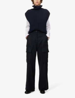 Shop Me And Em Women's Vy/charcoal Pinstriped Wide-leg Mid-rise Wool-blend Cargo Trousers In Navy/charcoal