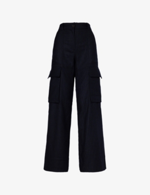 ME AND EM: Pinstriped wide-leg mid-rise wool-blend cargo trousers