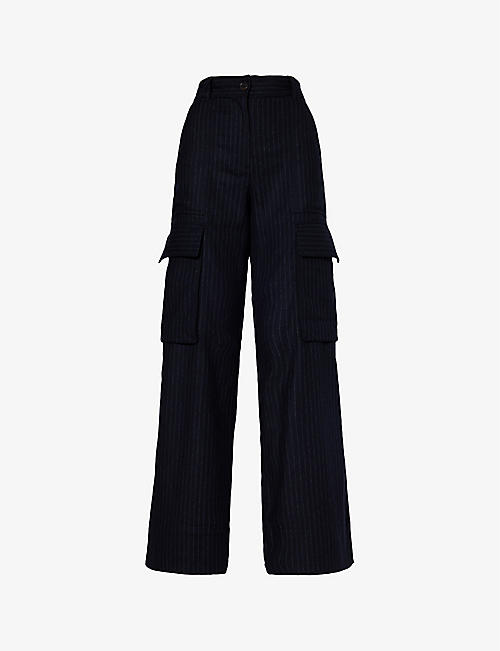 ME AND EM: Pinstriped wide-leg mid-rise wool-blend cargo trousers