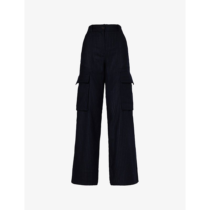 Me And Em Pinstriped Wide-leg Mid-rise Wool-blend Cargo Trousers In Navy/charcoal