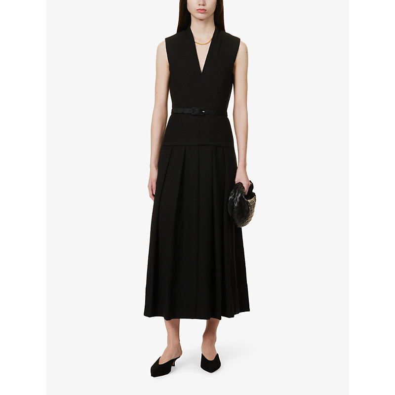 Shop Me And Em Pleated Contrast-panel Stretch-woven Midi Dress In Black