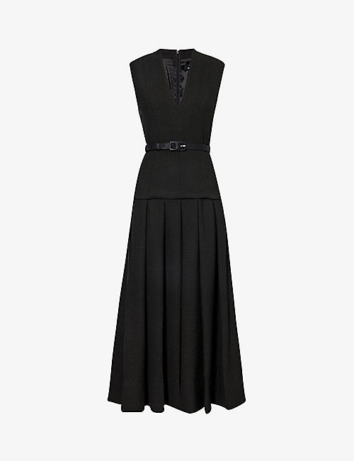 ME AND EM: Pleated contrast-panel stretch-woven midi dress