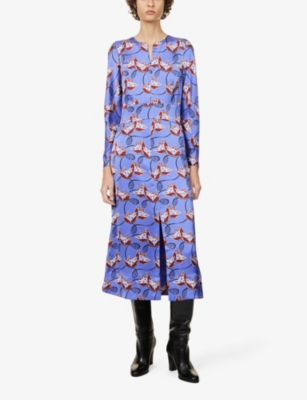 Shop Me And Em Abstract-print Split-hem Stretch-recycled Polyester Midi Dress In Winter Lilac/black/m