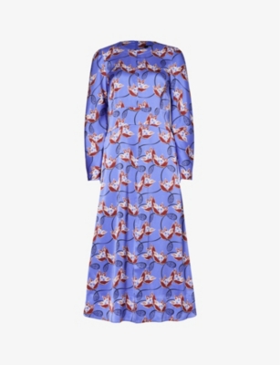 Me And Em Abstract-print Split-hem Stretch-recycled Polyester Midi Dress In Winter Lilac/black/m