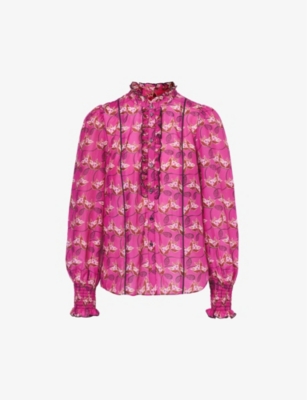Me And Em Graphic-print Ruffle-trim Cotton And Silk-blend Blouse In Electric Pink/black/