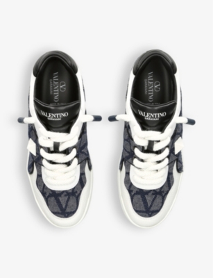 Shop Valentino Garavani Men's Blue Other One Stud Branded Leather And Canvas Low-top Trainers