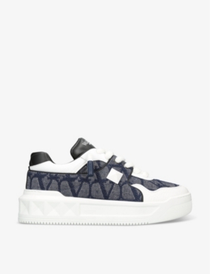 Valentino Garavani Mens Blue Other One Stud Branded Leather And Canvas Low-top Trainers