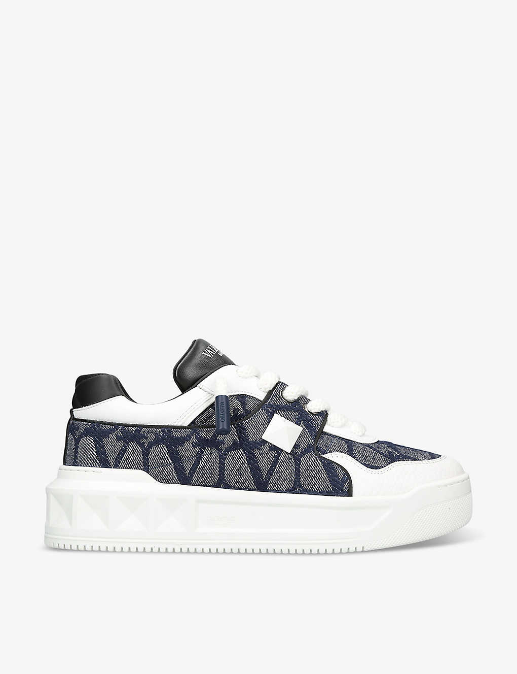 Valentino Garavani Mens Blue Other One Stud Branded Leather And Canvas Low-top Trainers