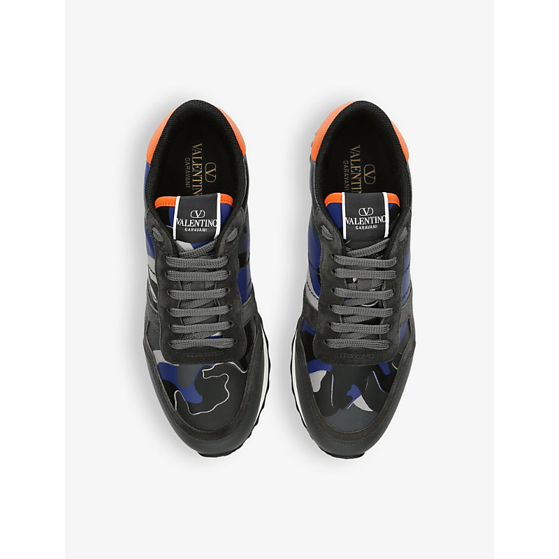 Shop Valentino Studded Camouflage-print Leather Trainers In Blue