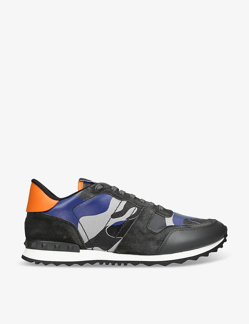 Shop Valentino Studded Camouflage-print Leather Trainers In Blue