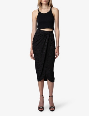 Shop Zadig & Voltaire Zadig&voltaire Women's Noir Jamelia Logo Text-print Silk Midi Skirt In Black