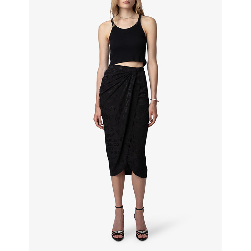 Shop Zadig & Voltaire Zadig&voltaire Womens Noir Jamelia Logo Text-print Silk Midi Skirt In Black