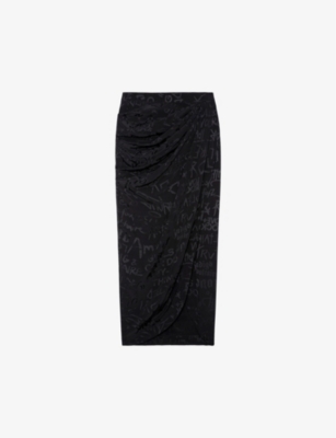 Shop Zadig & Voltaire Zadig&voltaire Women's Noir Jamelia Logo Text-print Silk Midi Skirt In Black