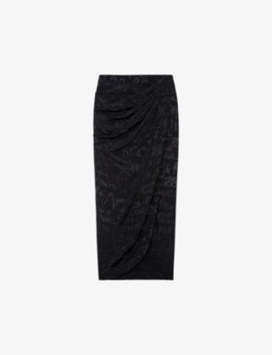 Shop Zadig & Voltaire Zadig&voltaire Womens Noir Jamelia Logo Text-print Silk Midi Skirt In Black