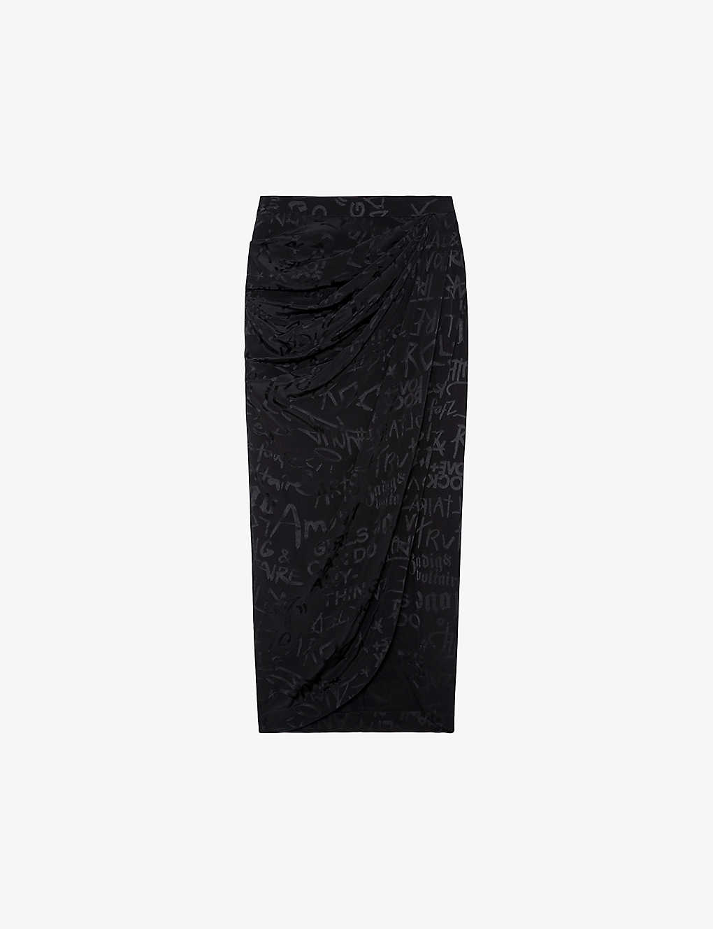Shop Zadig & Voltaire Zadig&voltaire Womens Noir Jamelia Logo Text-print Silk Midi Skirt In Black