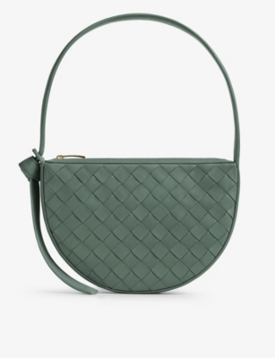 Shop Bottega Veneta Womens Aloe-gold Moon Mini Intrecciato-weave Leather Shoulder Bag