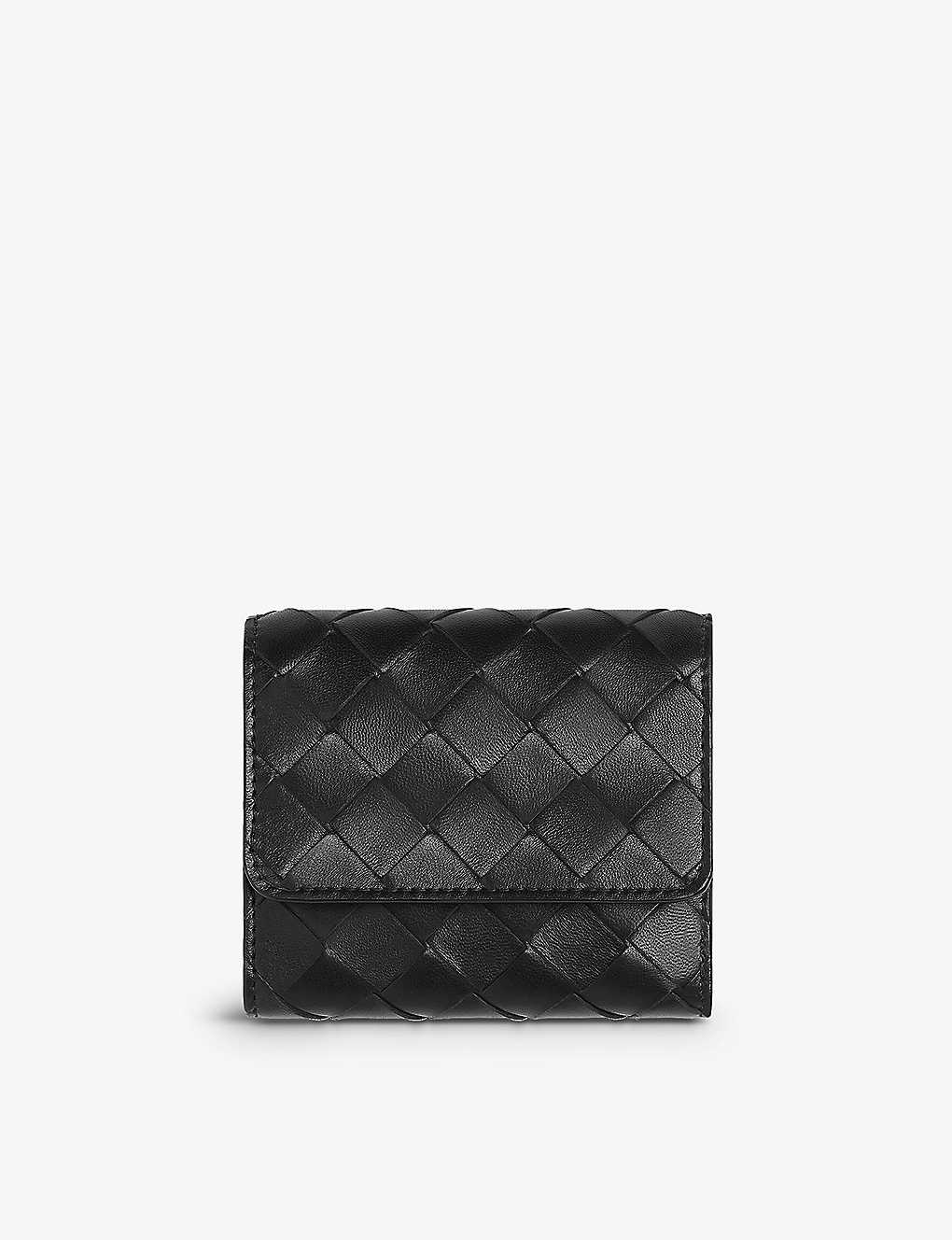 Bottega Veneta Womens Black-gold Intrecciato Leather Trifold Wallet