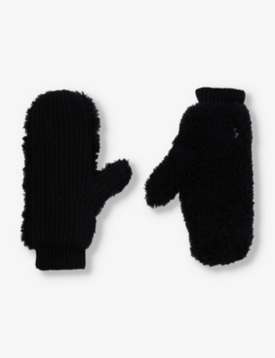 Yves Salomon Womens Black Brand-plaque Shearling-textured Wool Gloves