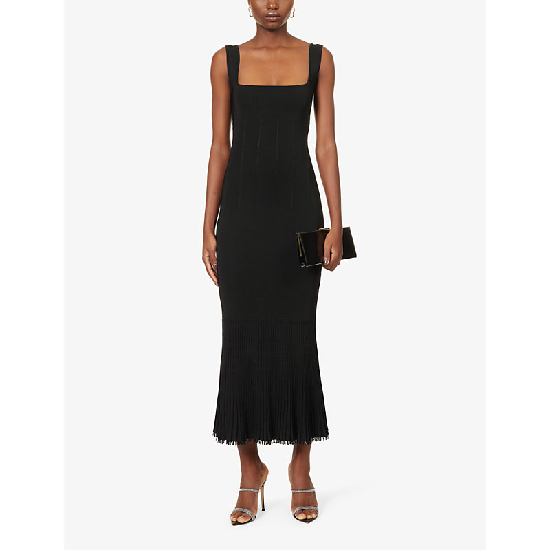 Shop Galvan Atlanta Square-neck Knitted Midi Dress In Black