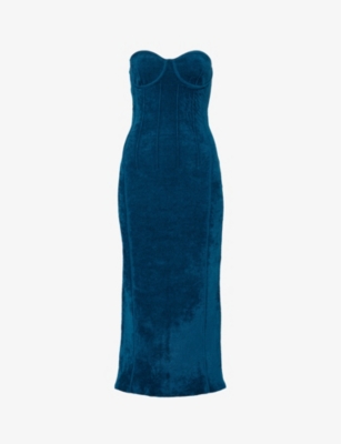 Galvan Compact Velvet Knit Strapless Midi Dress In Blue