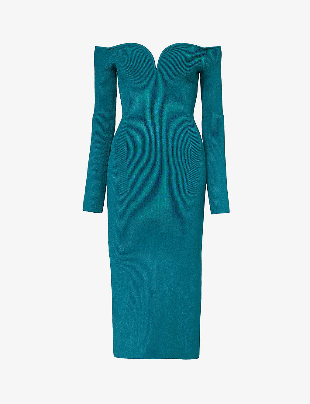 Galvan London Womens Peacock Grace Off-the-shoulder Sweetheart-neck Knitted Midi Dress