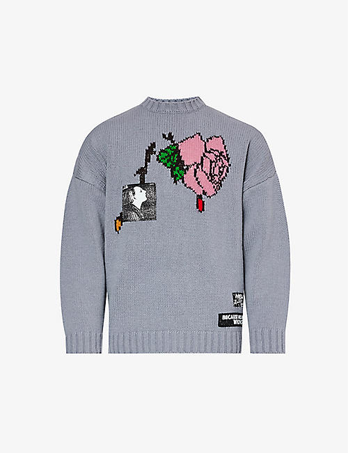 UNDERCOVER: Rose graphic-patch oversized wool-knit jumper
