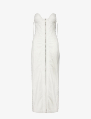 Starlit Womens White Sweetheart-neck Split-hem Leather Midi Dress
