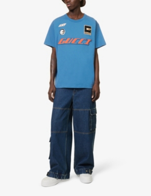 Shop Gucci Men's Blue Mc Brand-appliqué Crewneck Cotton-jersey T-shirt
